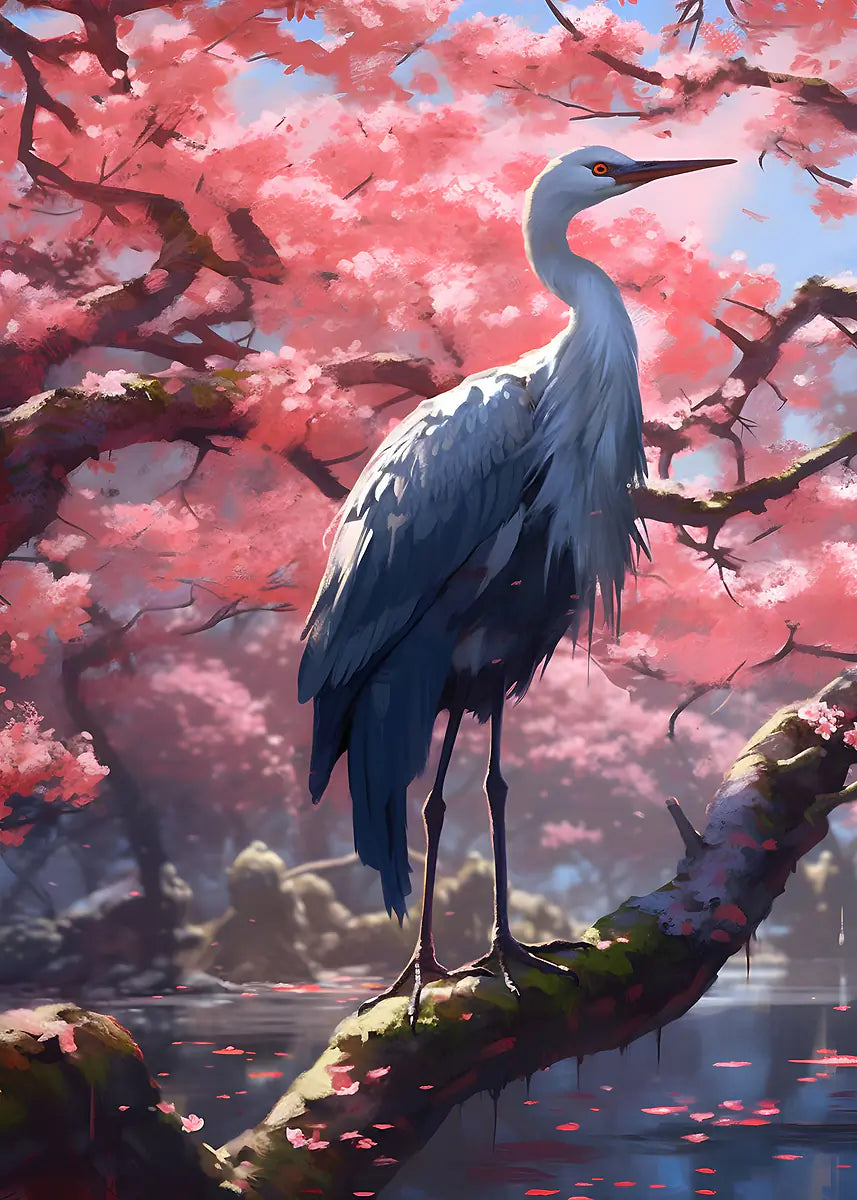 White Egret Heron Sakura Garden 60x90cm Metal Print Ready to Hang