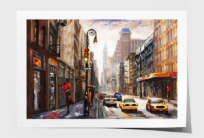 People on New York Street & Yellow Taxi Watercolor Painting Wall Art Limited Edition High Quality Print Unframed Roll Canvas None