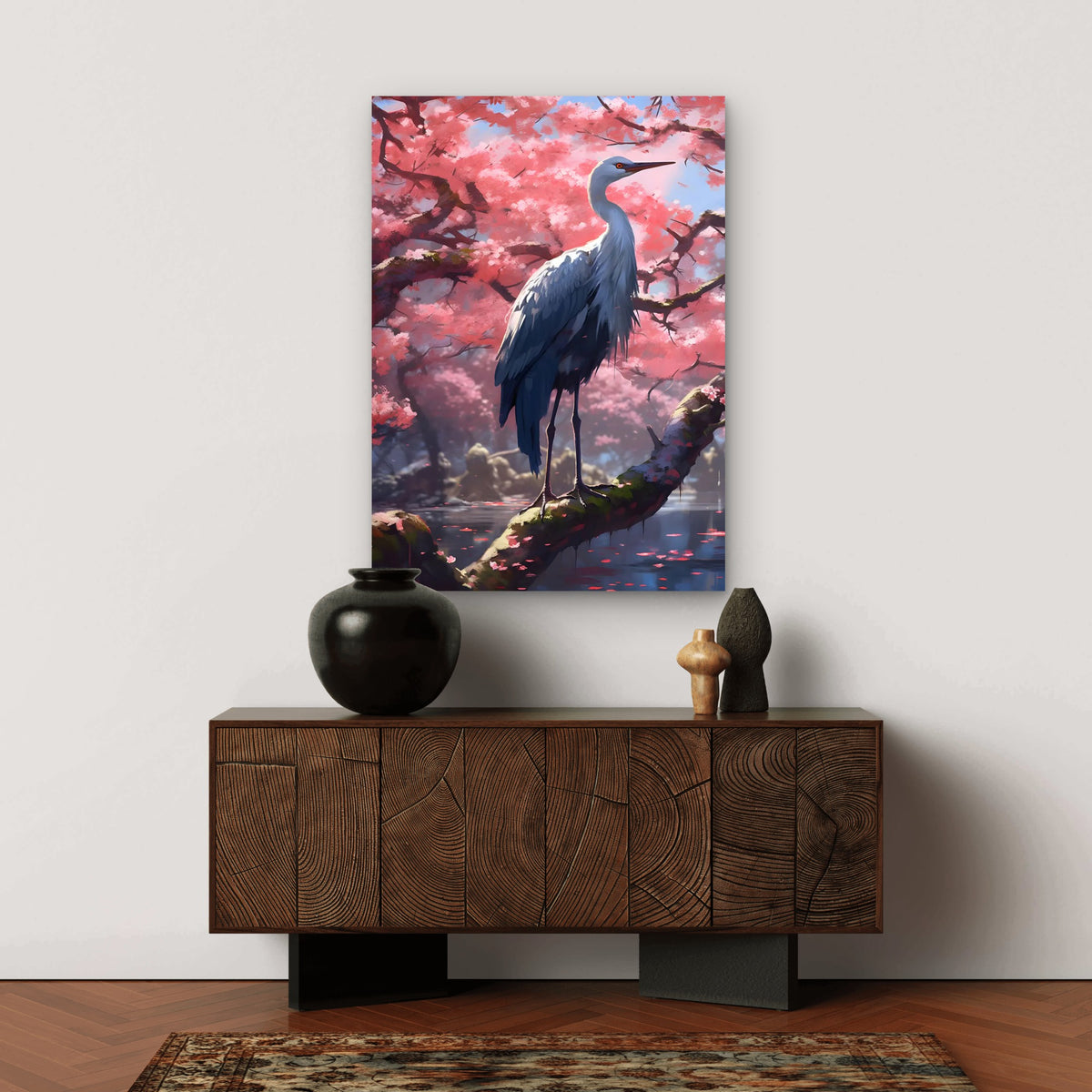 White Egret Heron Sakura Garden 40x60cm Metal Print Ready to Hang