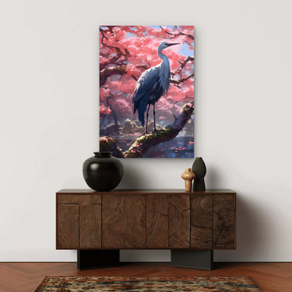 White Egret Heron Sakura Garden 40x60cm Metal Print Ready to Hang