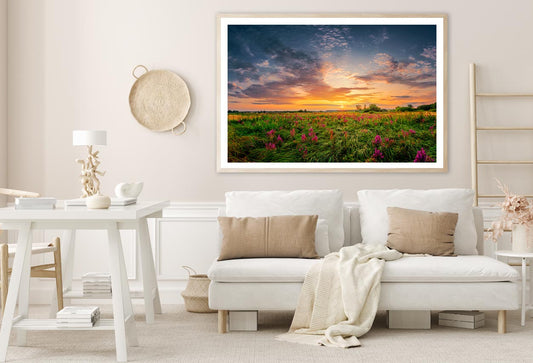 Sun Set Landscape with A Wild Field Full of Purple Flowers Home Decor Premium Quality Poster Print Choose Your Sizes