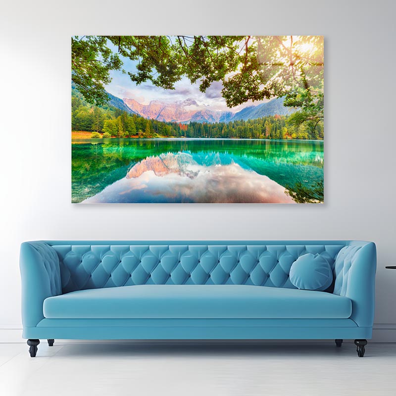 View of Sunset Over Fusine Lake with Mountains Acrylic Glass Print Tempered Glass Wall Art 100% Made in Australia Ready to Hang