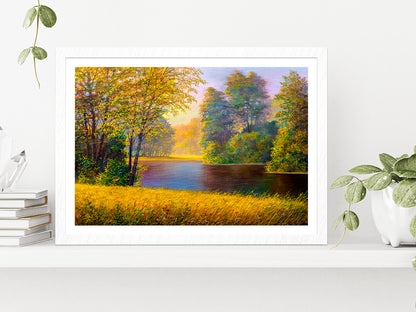 Beautiful Summer Forest With River Glass Framed Wall Art, Ready to Hang Quality Print With White Border White