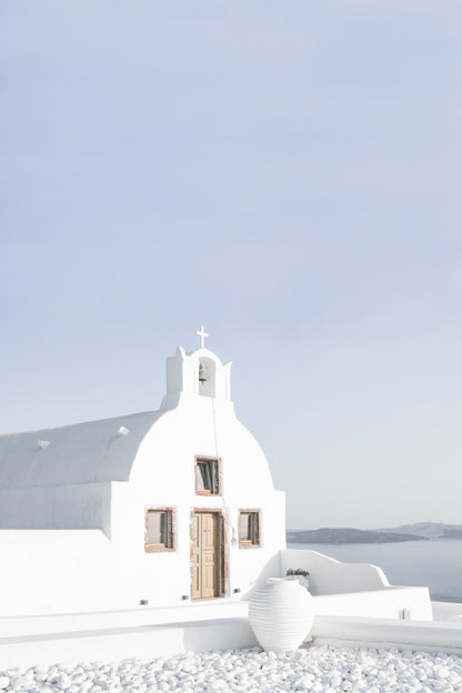 Greek Church by the White Houses Photograph Glass Framed Wall Art, Ready to Hang Quality Print