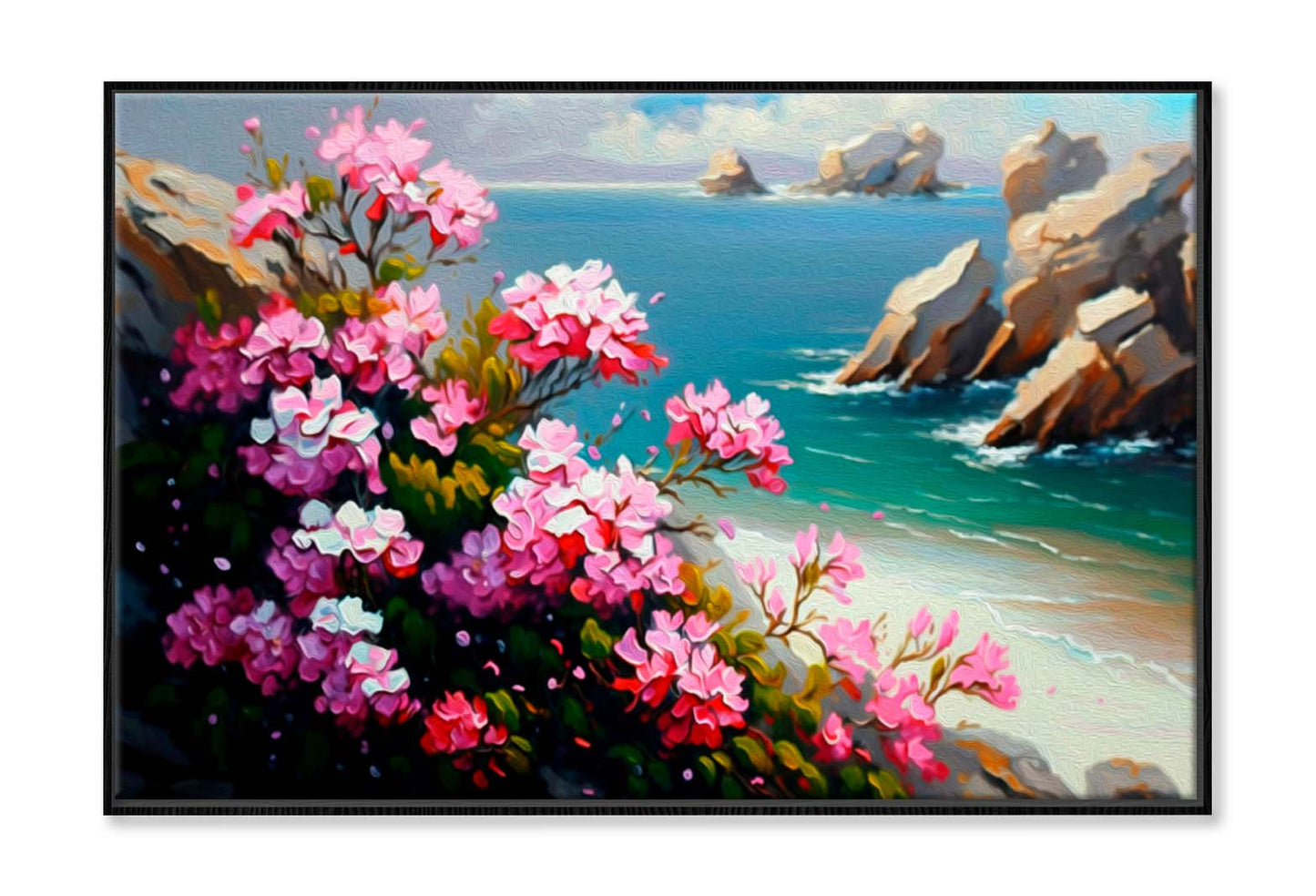 Pink Flowers by The Sea Painting Wall Art Limited Edition High Quality Print