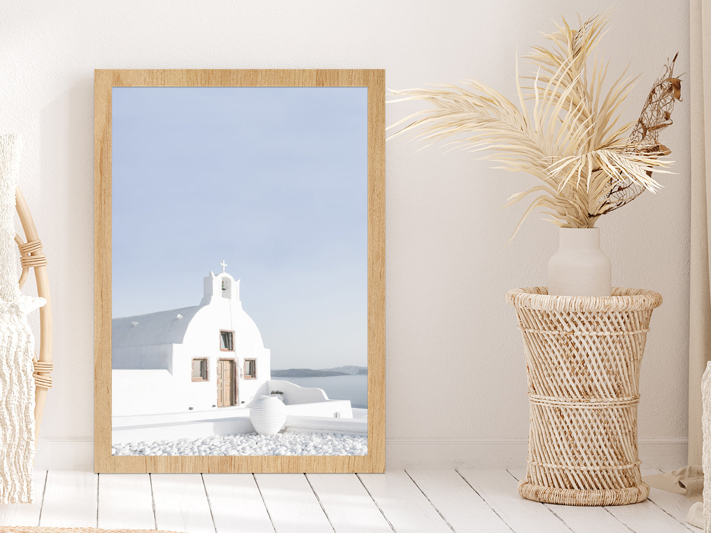 Greek Church by the White Houses Photograph Glass Framed Wall Art, Ready to Hang Quality Print Without White Border Oak