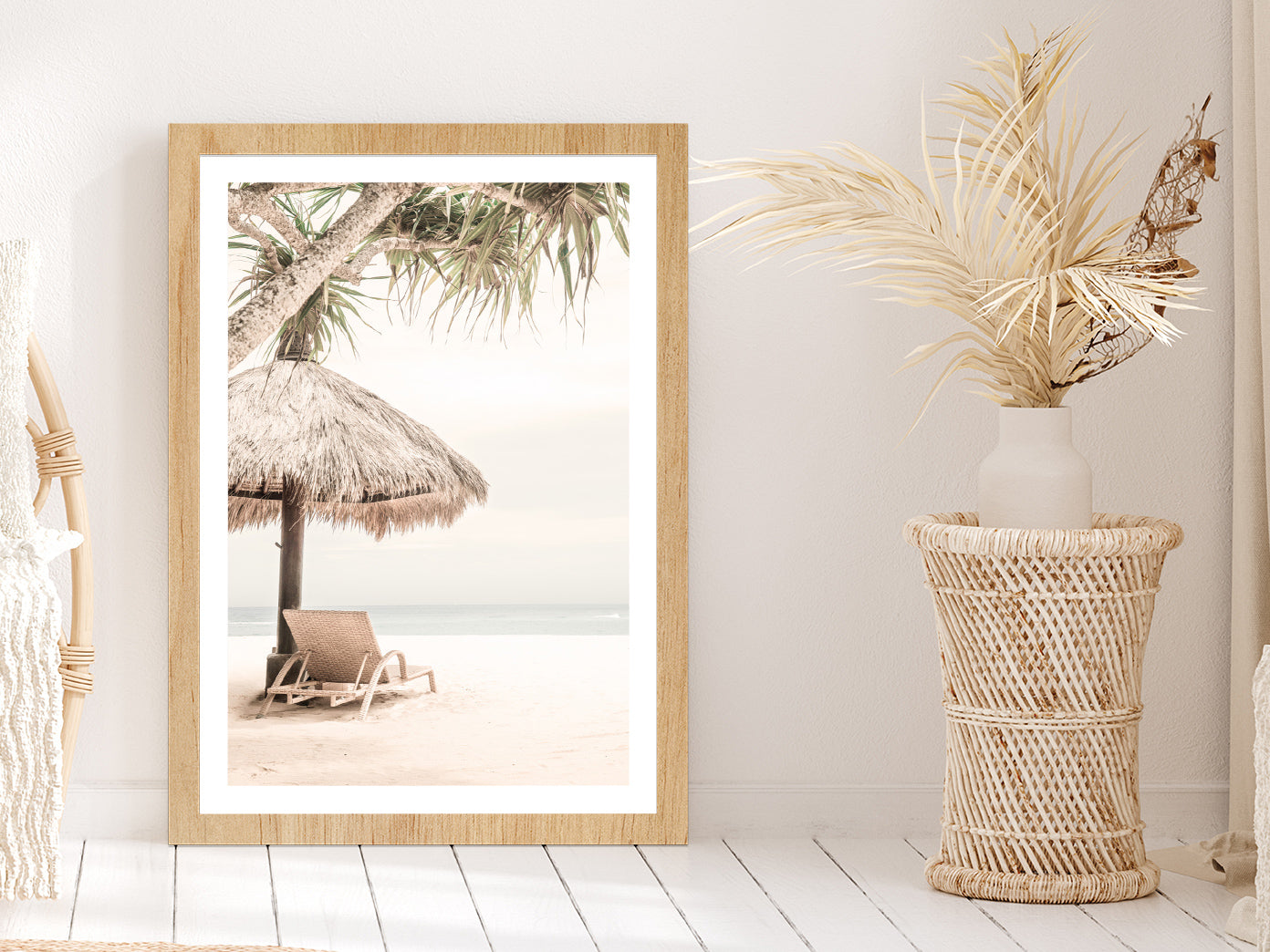 Beach Hut & Chair near Sea Faded Photograph Glass Framed Wall Art, Ready to Hang Quality Print With White Border Oak