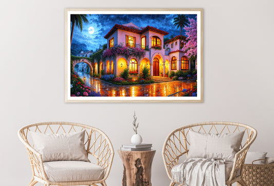 House Surrounded By Flowers at Night Home Decor Premium Quality Poster Print Choose Your Sizes