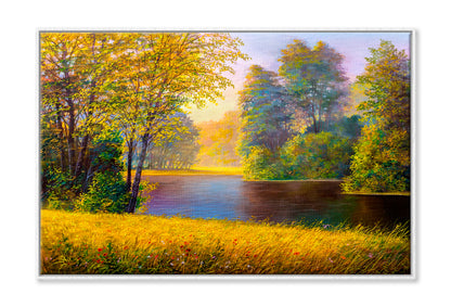 Beautiful Summer Forest With River Oil Painting Limited Edition High Quality Print Canvas Box Framed White