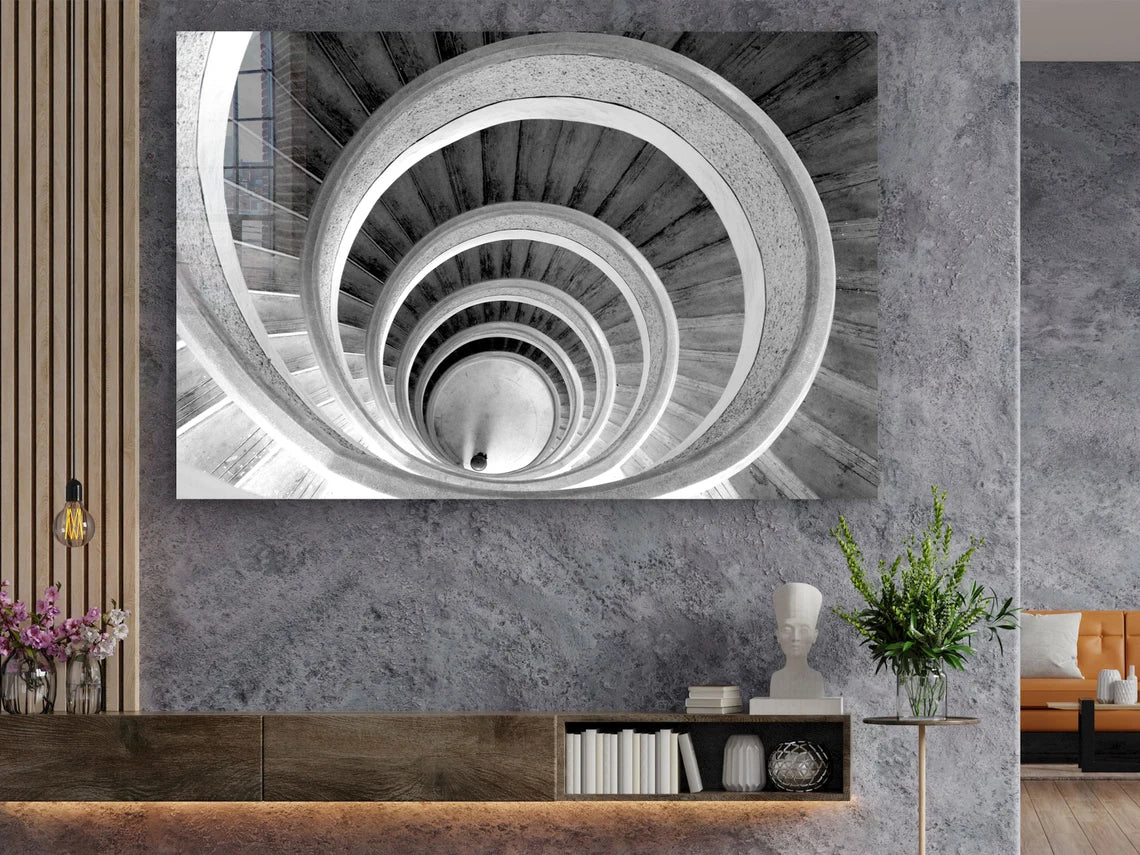 Curved Stair B&W View UV Direct Aluminum Print Australian Made Quality