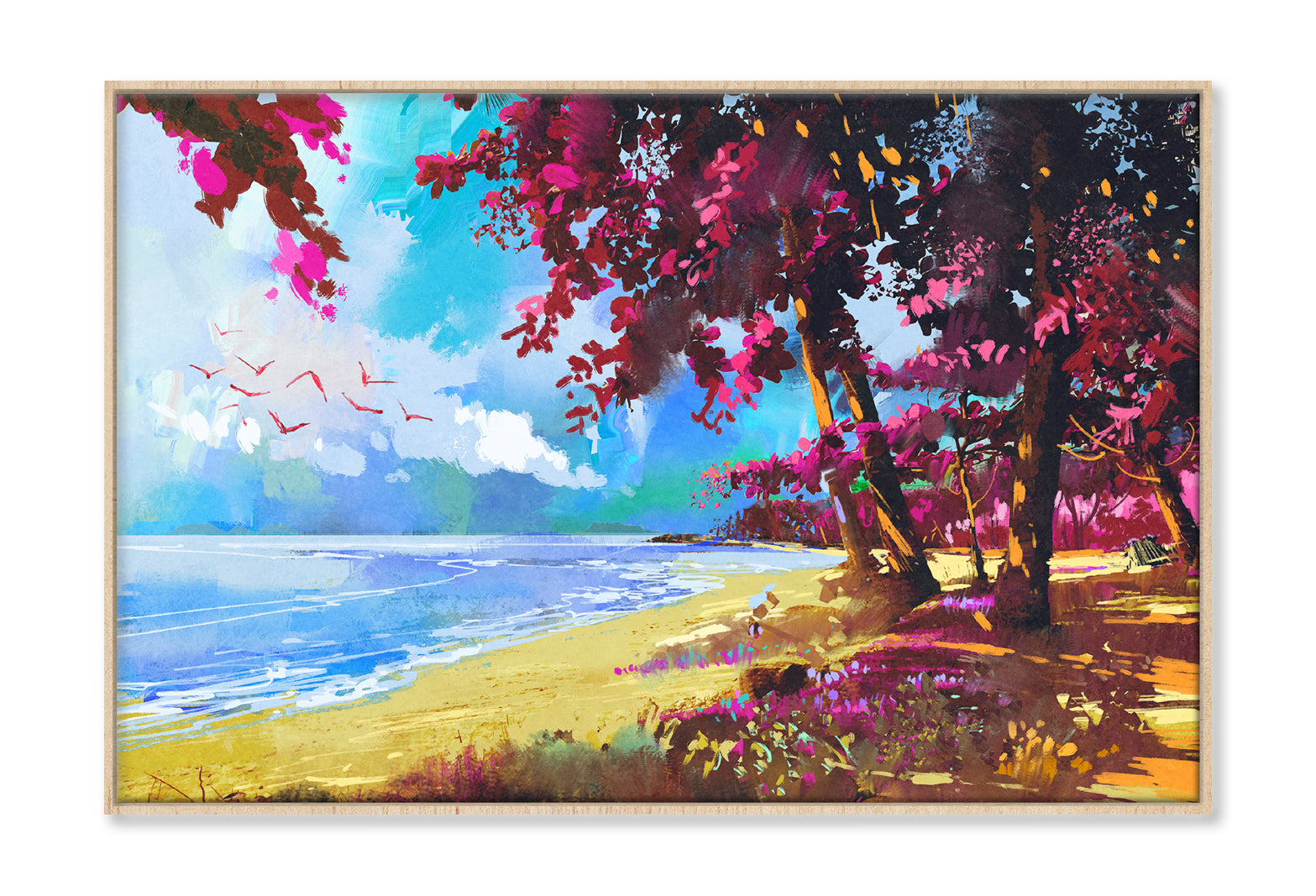 Pink Trees On The Beach Summer Landscape Oil Painting Limited Edition High Quality Print Canvas Box Framed Natural