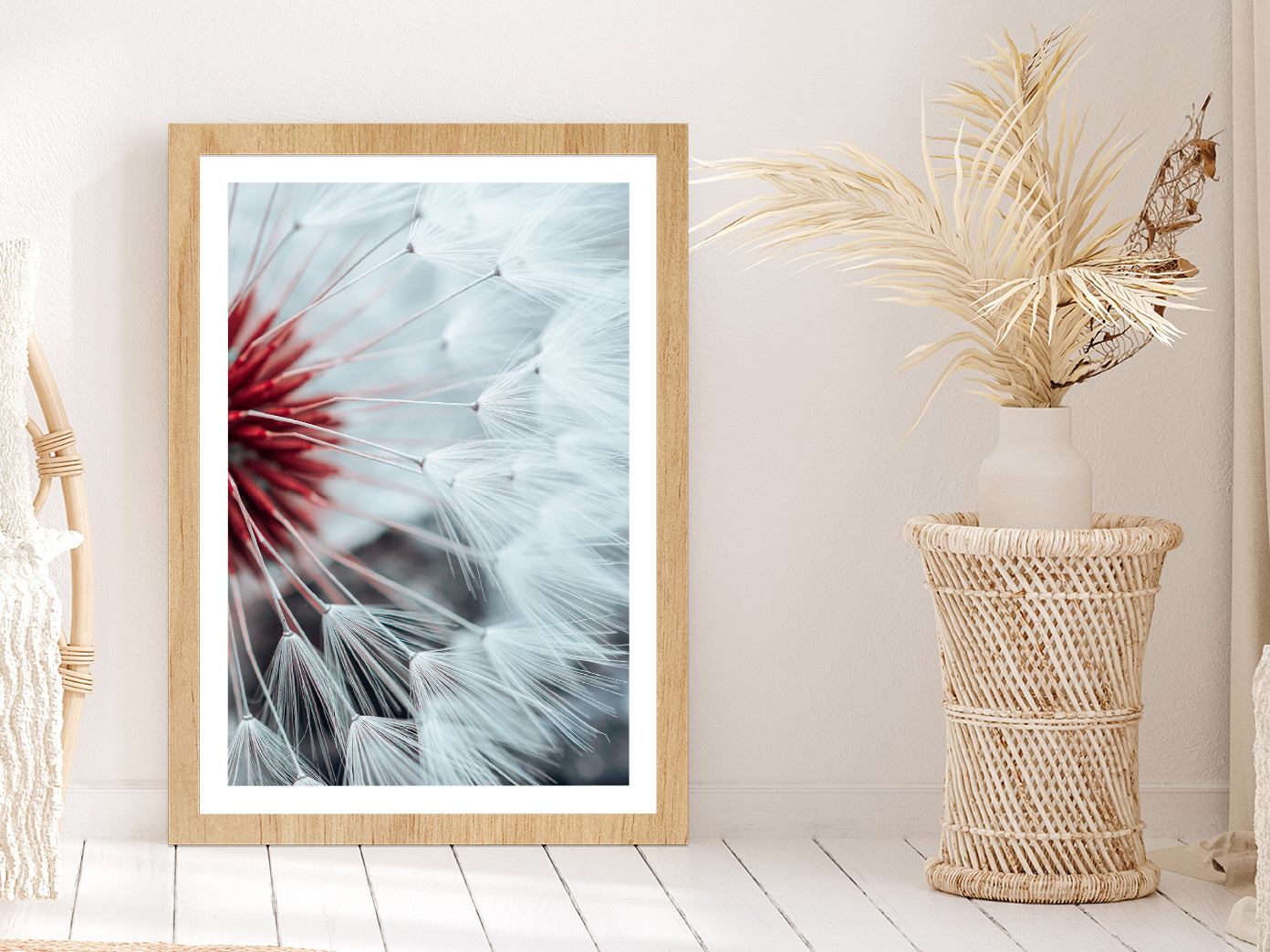 Dandelion Flower Seed In Springtime Glass Framed Wall Art, Ready to Hang Quality Print With White Border Oak