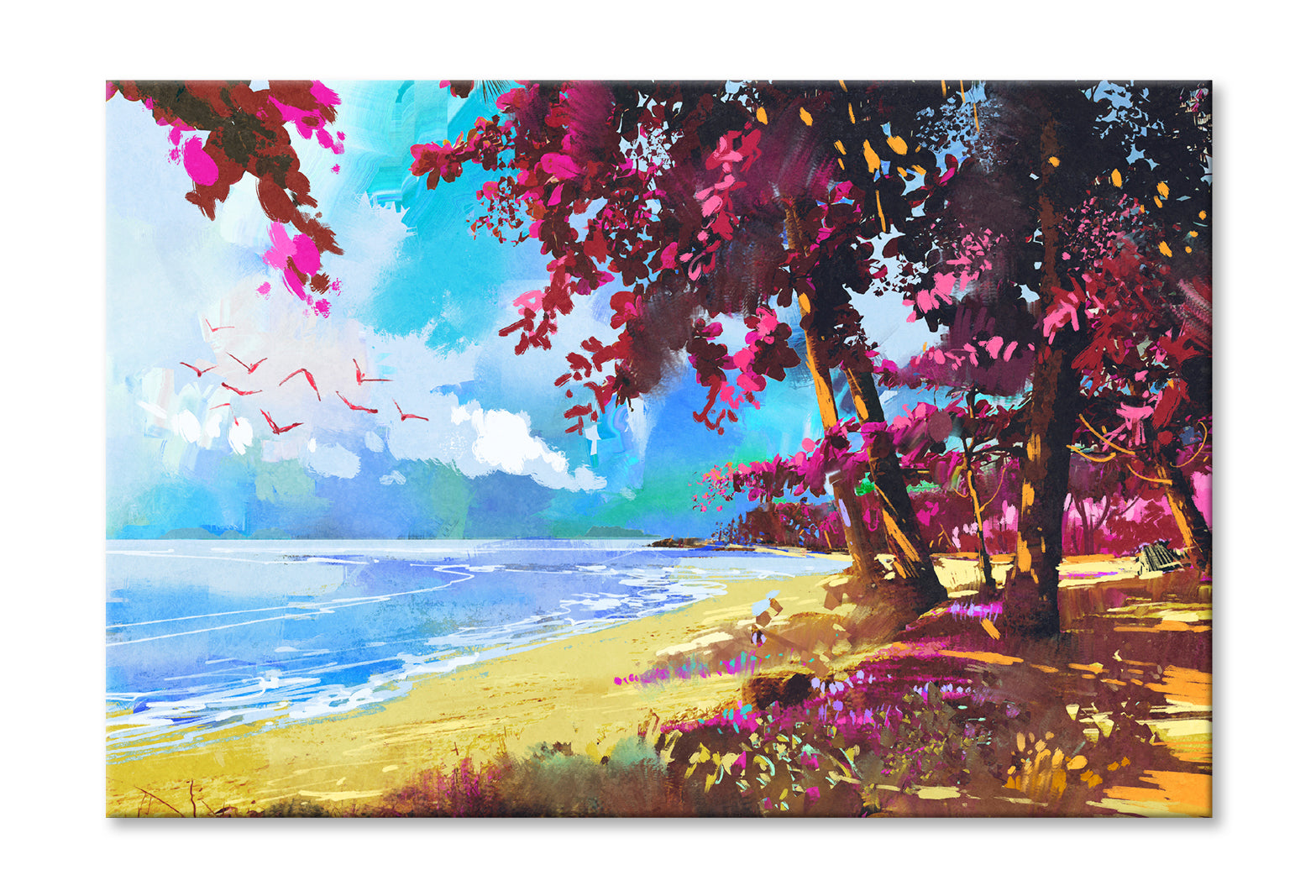 Pink Trees On The Beach Summer Landscape Oil Painting Limited Edition High Quality Print Stretched Canvas None