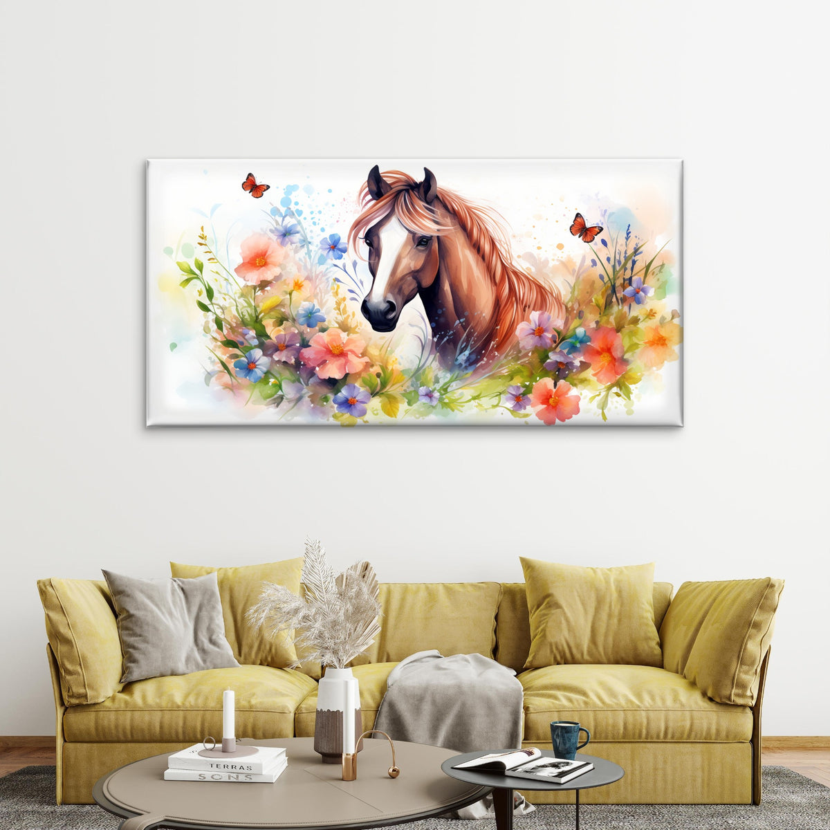 Horse Watercolor Butterfly Wall Art Canvas Office Home Room Framed 120x60cm