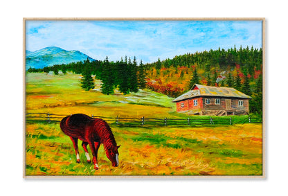 Horse Near The House Mountain Landscape Oil Painting Wall Art Limited Edition High Quality Print Canvas Box Framed Natural