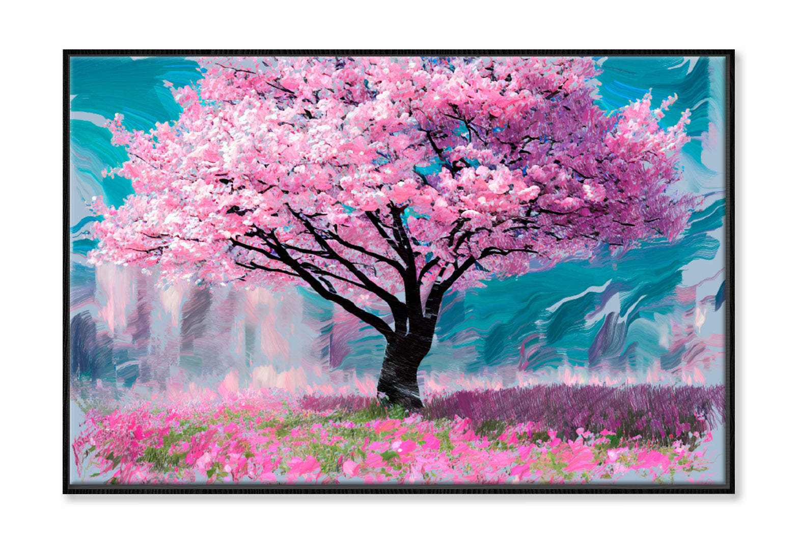 Pink Sakura Cherry Tree Painting Limited Edition High Quality Print Canvas Box Framed Black