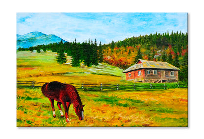 Horse Near The House Mountain Landscape Oil Painting Wall Art Limited Edition High Quality Print Stretched Canvas None