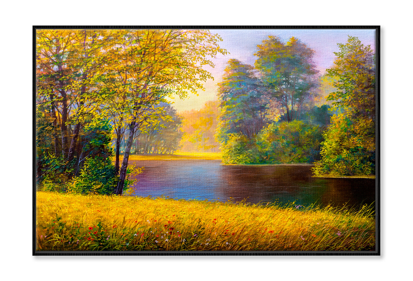 Beautiful Summer Forest With River Oil Painting Limited Edition High Quality Print Canvas Box Framed Black