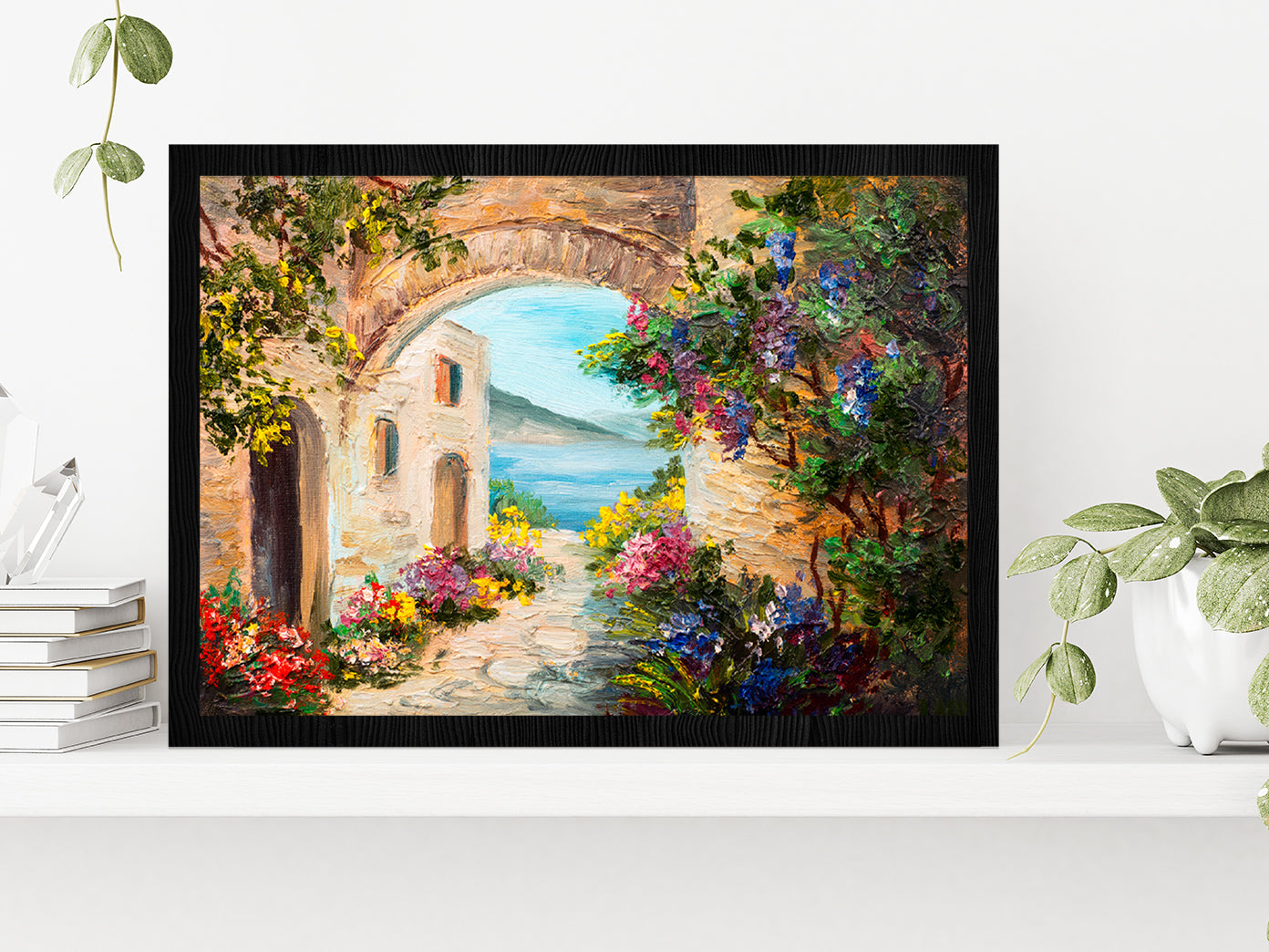 House Near The Sea Painting Glass Framed Wall Art, Ready to Hang Quality Print Without White Border Black