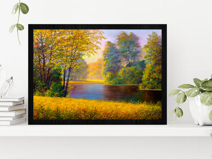 Beautiful Summer Forest With River Glass Framed Wall Art, Ready to Hang Quality Print Without White Border Black