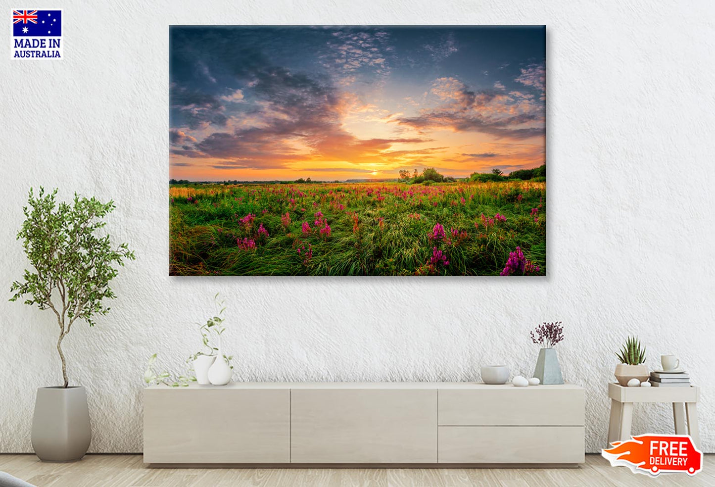 Sun Set Landscape with A Wild Field Full of Purple Flowers Wall Art Decor 100% Australian Made