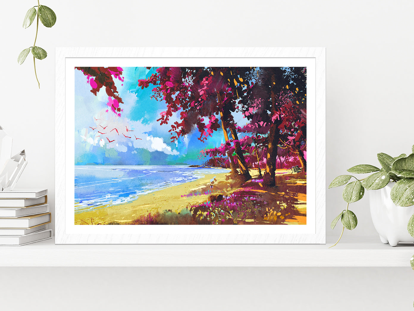 Pink Trees On The Beach Summer Landscape Glass Framed Wall Art, Ready to Hang Quality Print With White Border White