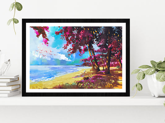 Pink Trees On The Beach Summer Landscape Glass Framed Wall Art, Ready to Hang Quality Print With White Border Black