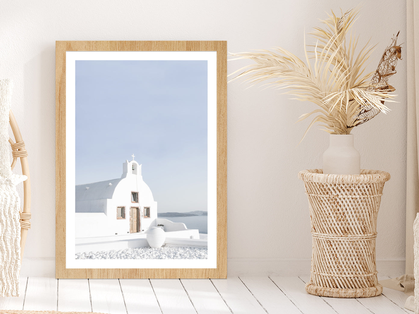 Greek Church by the White Houses Photograph Glass Framed Wall Art, Ready to Hang Quality Print With White Border Oak