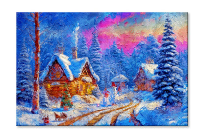 Winter Country Landscape with Log Houses. Christmas Pine Tree Wall Art Limited Edition High Quality Print