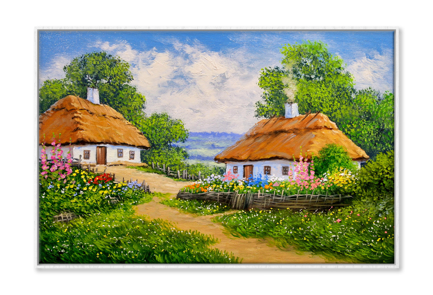 Houses Surrounded by Blooming Garden Oil Painting Wall Art Limited Edition High Quality Print Canvas Box Framed White