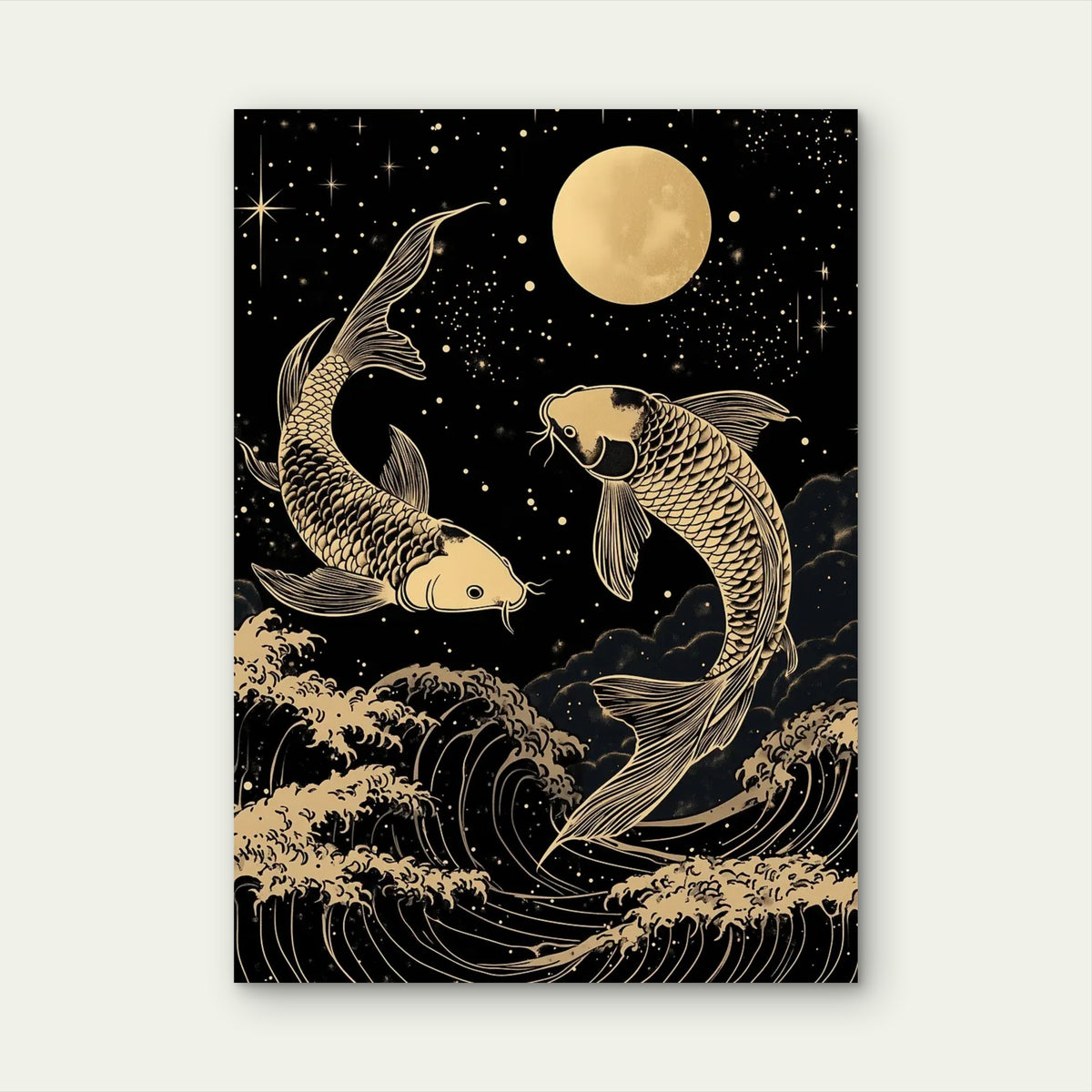 Gold Koi Fish Moon Waves 60x90cm Metal Print Ready to Hang