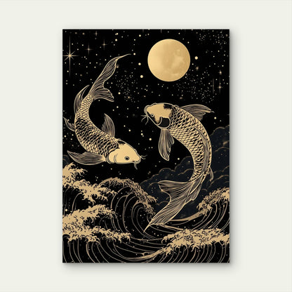 Gold Koi Fish Moon Waves 60x90cm Metal Print Ready to Hang