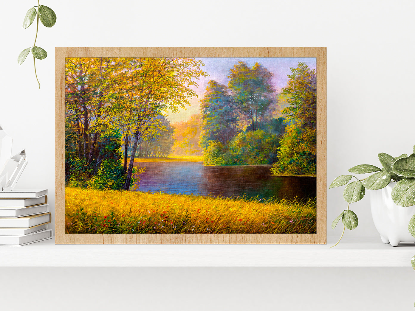 Beautiful Summer Forest With River Glass Framed Wall Art, Ready to Hang Quality Print Without White Border Oak