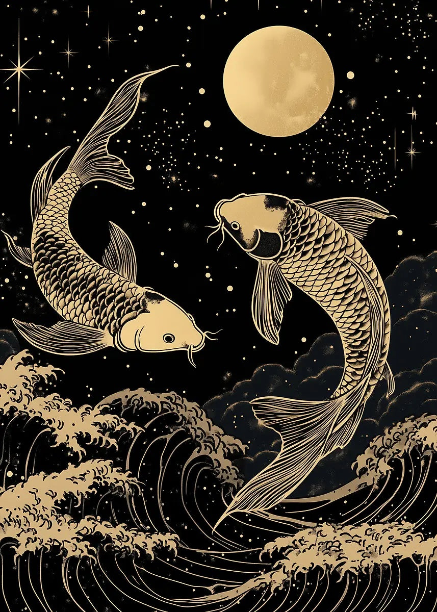 Gold Koi Fish Moon Waves 60x90cm Metal Print Ready to Hang