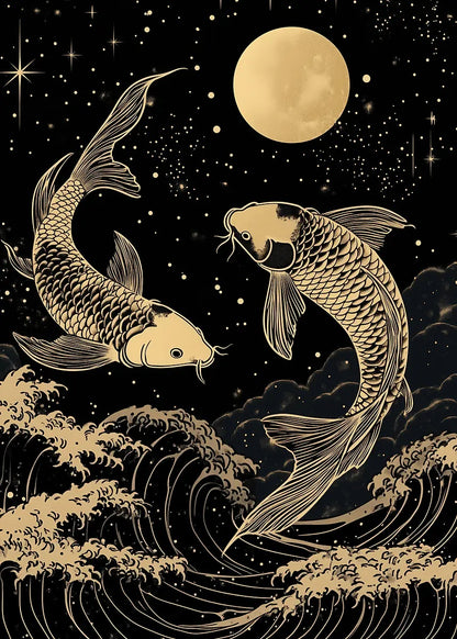 Gold Koi Fish Moon Waves 60x90cm Metal Print Ready to Hang