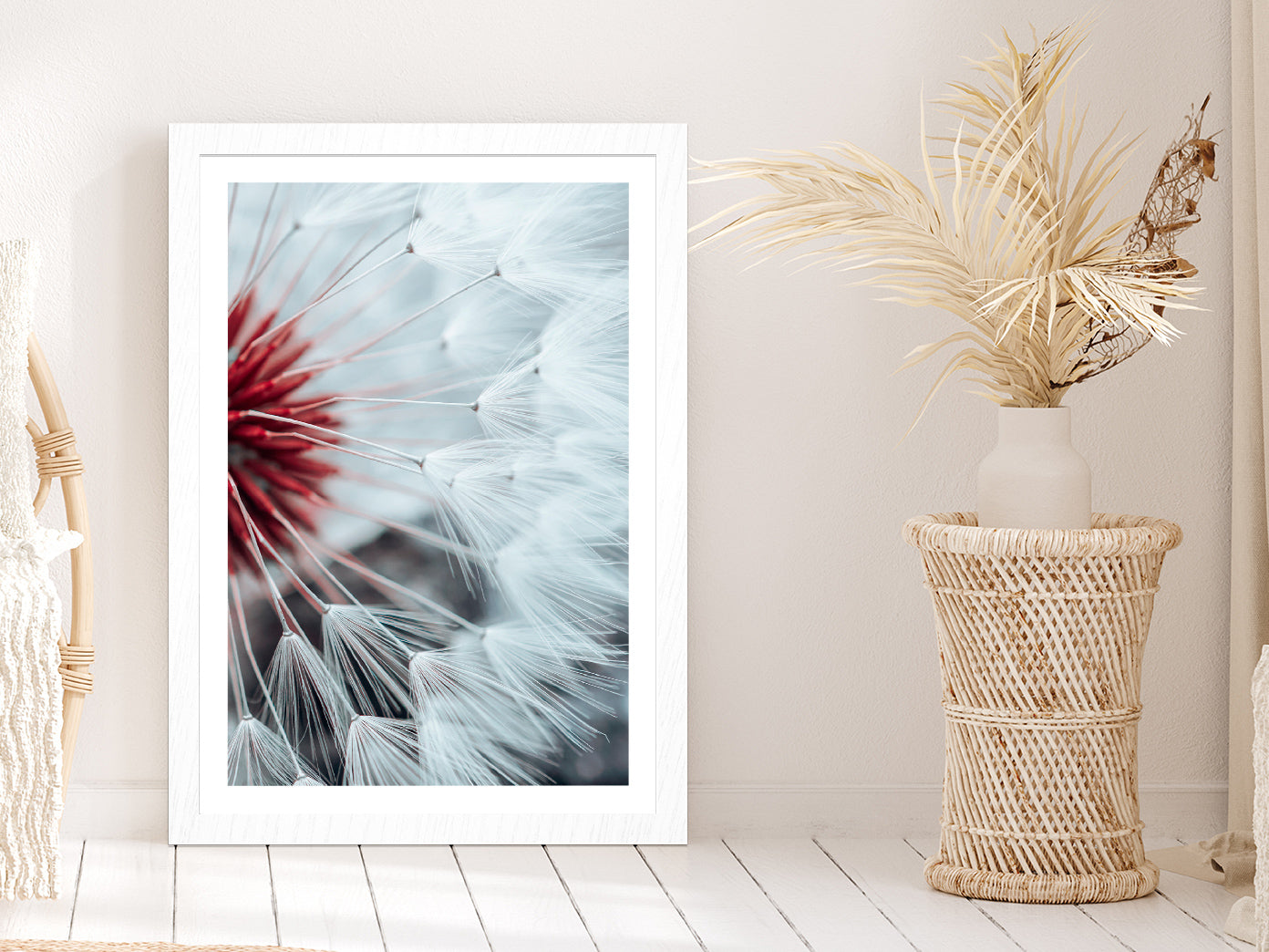 Dandelion Flower Seed In Springtime Glass Framed Wall Art, Ready to Hang Quality Print With White Border White