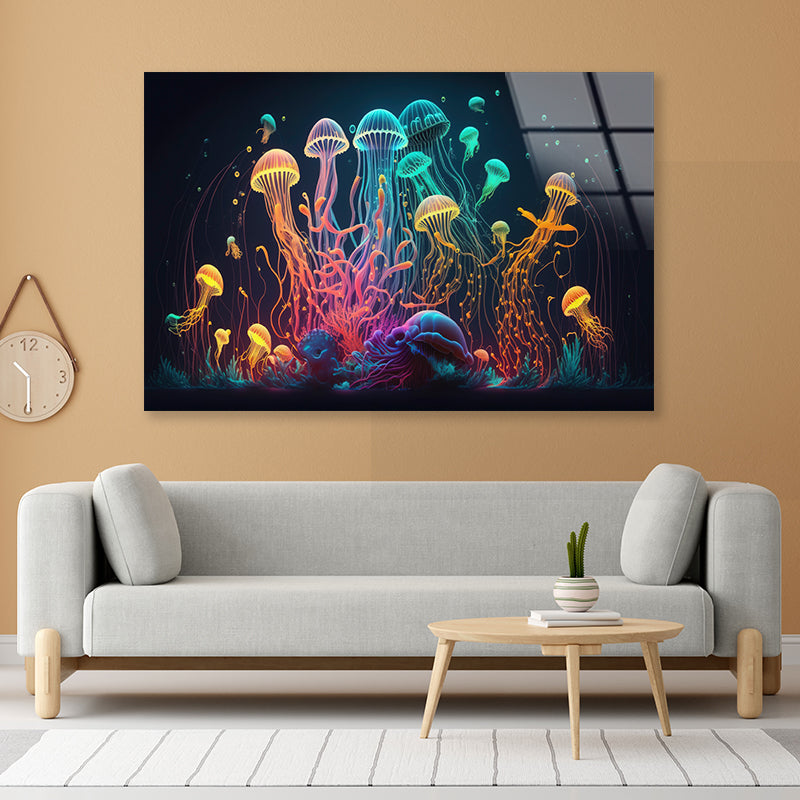 Colorful Jellyfish and Fish Float In an Ocean Acrylic Glass Print Tempered Glass Wall Art 100% Made in Australia Ready to Hang