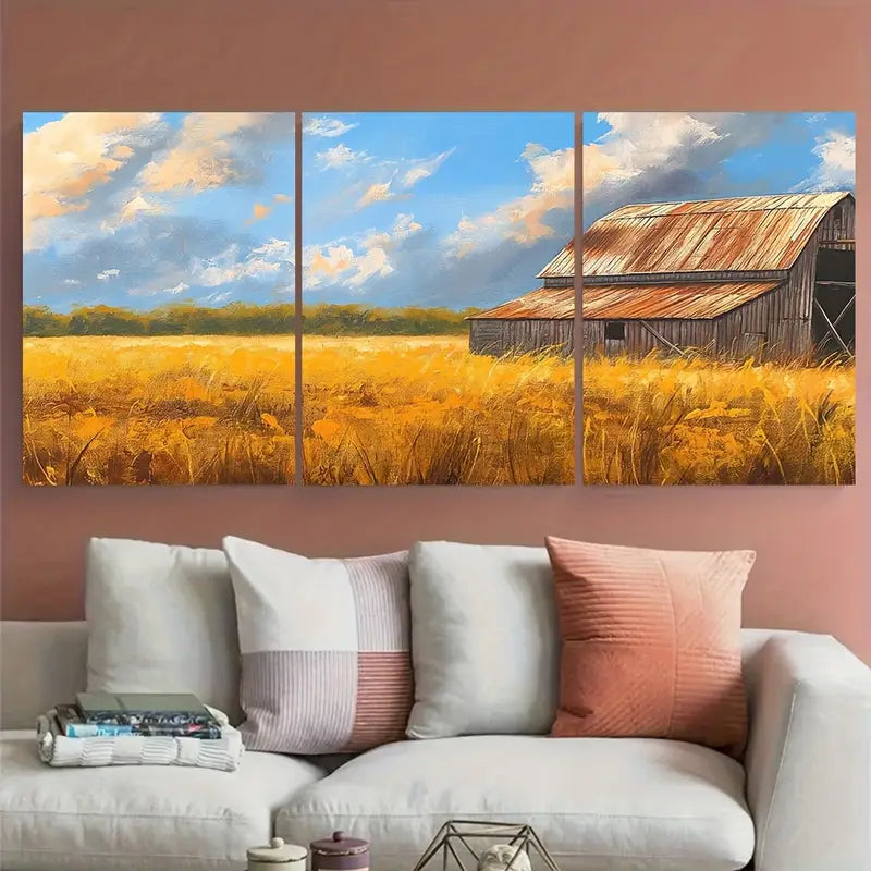 3pcs Golden Wheat Field Vibrant Nature Metal Print Ready to Hang Art