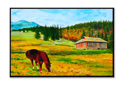 Horse Near The House Mountain Landscape Oil Painting Wall Art Limited Edition High Quality Print Canvas Box Framed Black