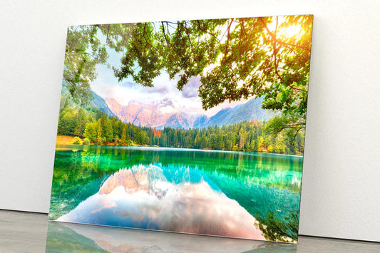 View of Sunset Over Fusine Lake with Mountains Acrylic Glass Print Tempered Glass Wall Art 100% Made in Australia Ready to Hang