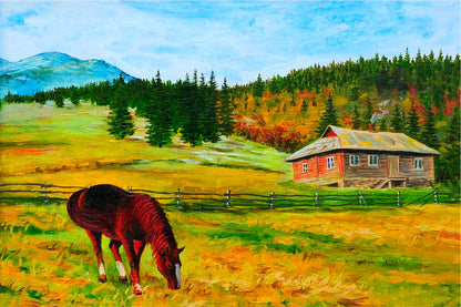 Horse Near The House Mountain Landscape Oil Painting Glass Framed Wall Art, Ready to Hang Quality Print