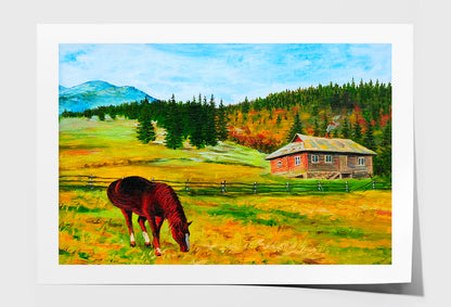 Horse Near The House Mountain Landscape Oil Painting Wall Art Limited Edition High Quality Print Unframed Roll Canvas None