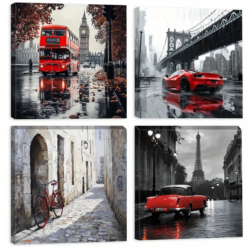 4pcs Red Double-Decker Bus, London  Wall Art Canvas Framed