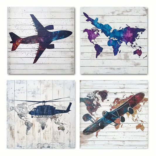 4pcs Retro Airplane Adventure Deco Wall Art Canvas Framed