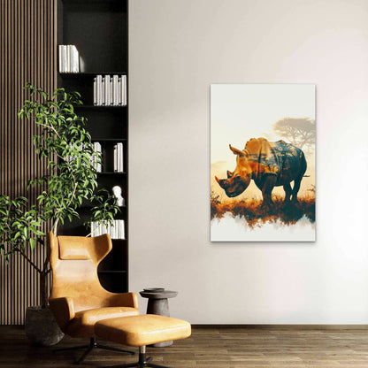Stunning Silhouette Rhinoceros With Vibrant Sunset Landscape 60x90cm Metal Print Ready to Hang