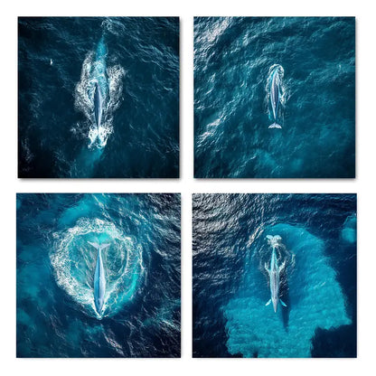 4pcs Deep Blue Ocean Painting with Whale Wall Art Canvas Framed