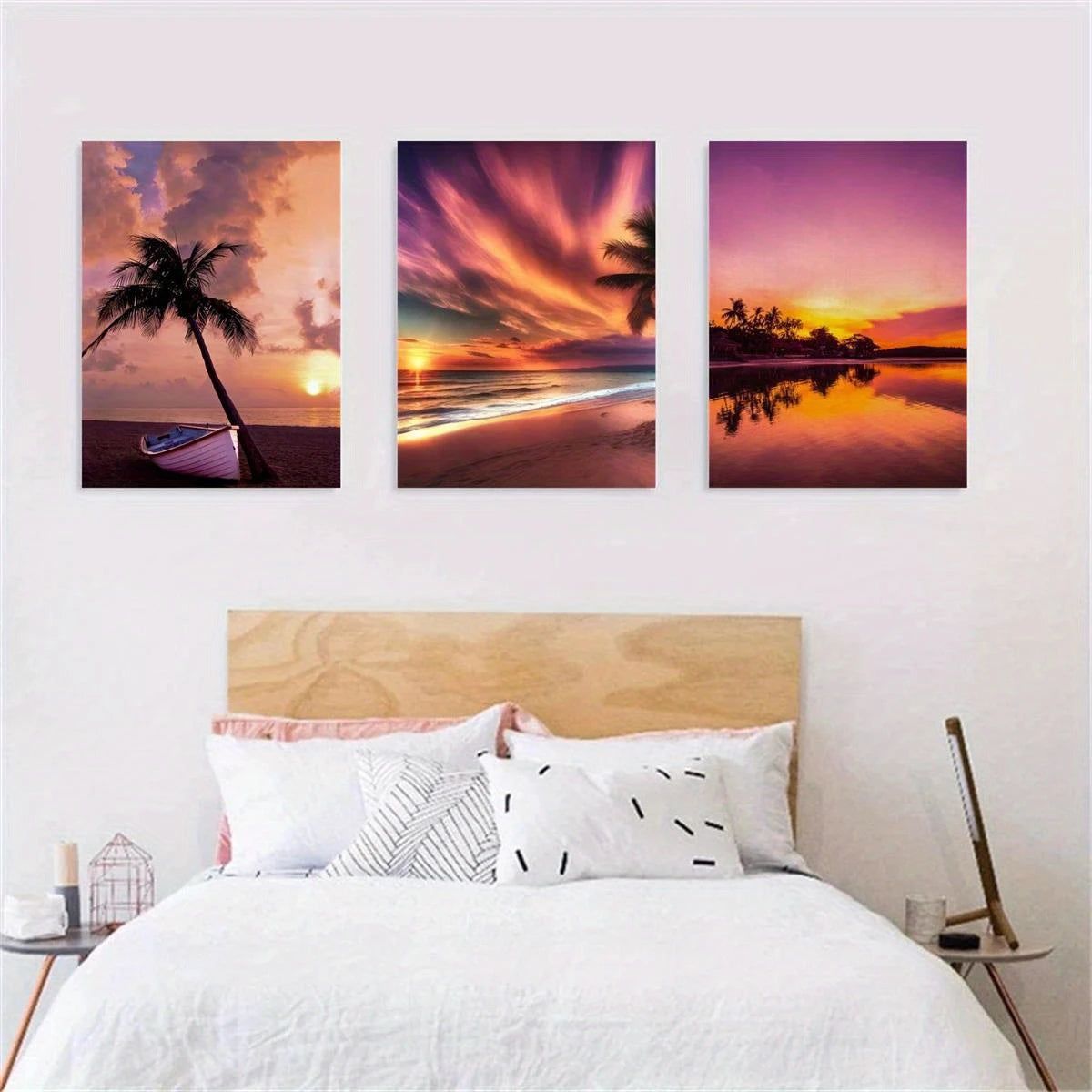 3pcs Palm Tree & Boat, Vibrant Sunset & Ocean Scenes Metal Print Ready to Hang Art