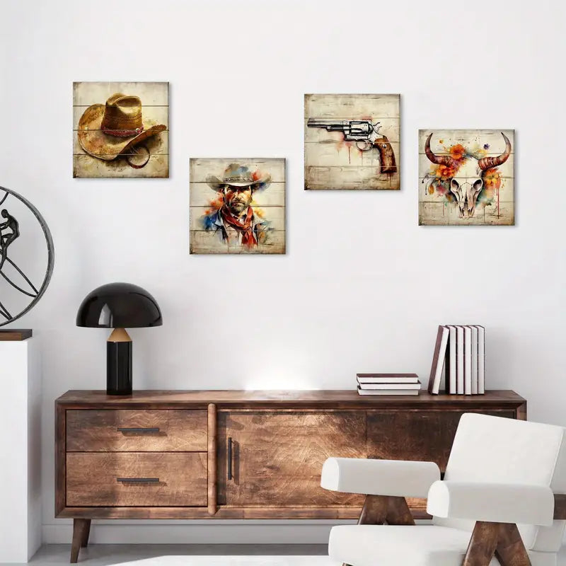 4pcs Longhorn Skull, Western Hat & Revolver Wall Art Canvas Framed