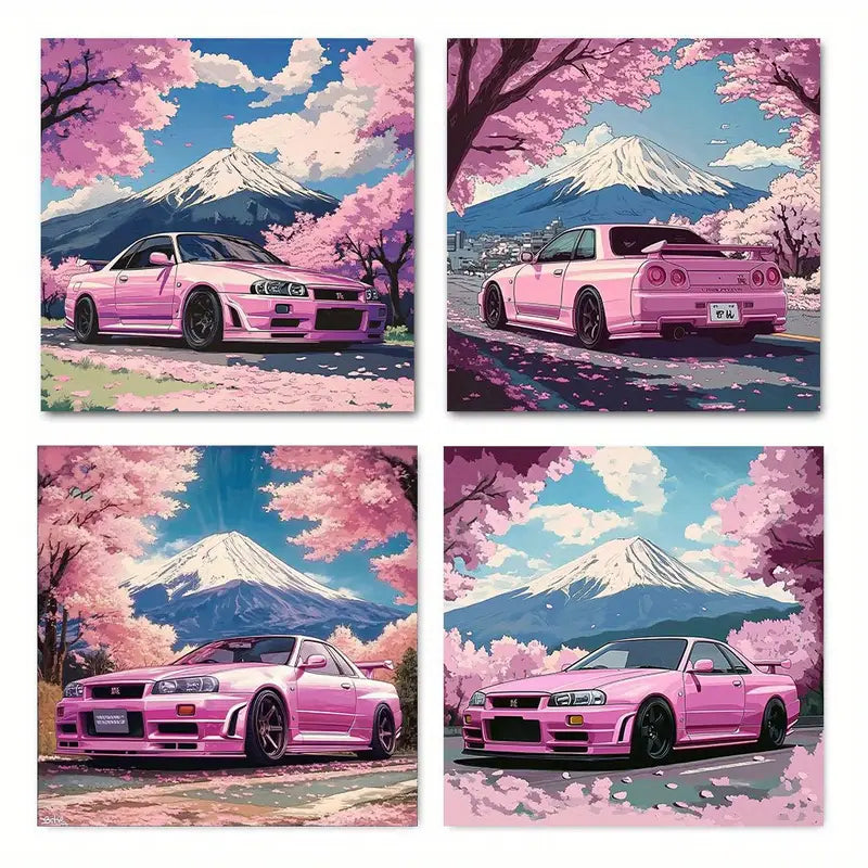 4pcs Vibrant Pink Cherry Blossom & Sports Car Wall Art Canvas Framed