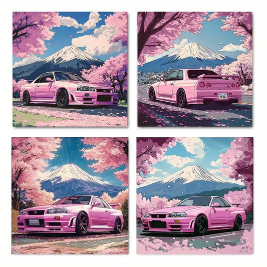 4pcs Vibrant Pink Cherry Blossom & Sports Car Wall Art Canvas Framed